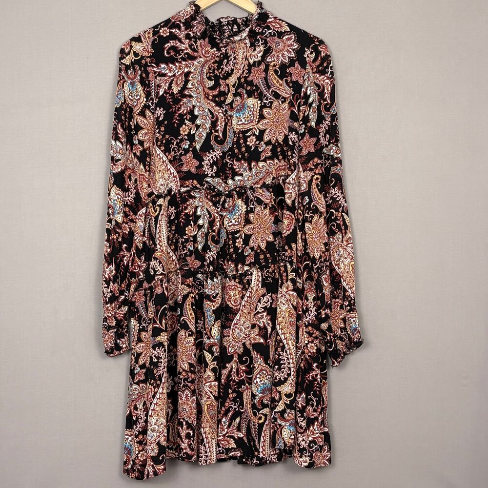 Anthropologie Cady Paisley Tiered Mini Dress Small Boho Long Sleeve Ruffle Neck